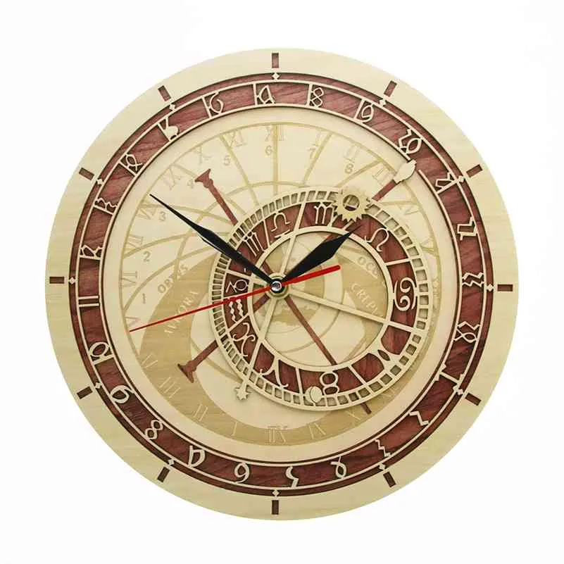 Prager astronomische Uhr aus Holz, Tschechische Republik, mittelalterliche Astronomie, Wandkunst, Astrologie, dekorative Wanduhr, Kunstwerk, Prag-Geschenk 210325