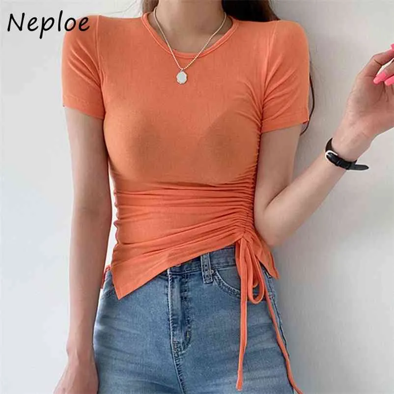 Sexy Split Coulisse Design Solid T Shirt Donna O Collo Pullover Manica corta Slim Fit Tees Summer Ladies Top 210422