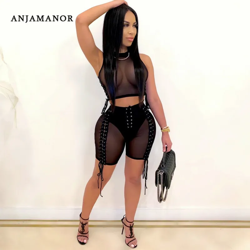 Anjamanor Sexy 2 Piece Set Black Sheer Mesh Crop Top Lace Up Biker Shorts Bandage Romper Jumpsuit Club Outfits D42-CH23 X0428