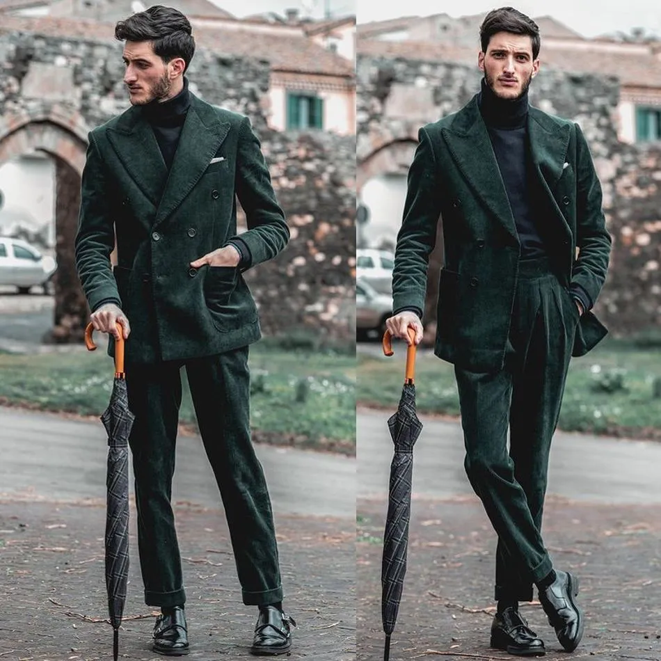 Velours vert personnalisé Tuxedos de mariage coupe ajustée veste à double boutonnage fête d'affaires bal Blazer 2 pièces