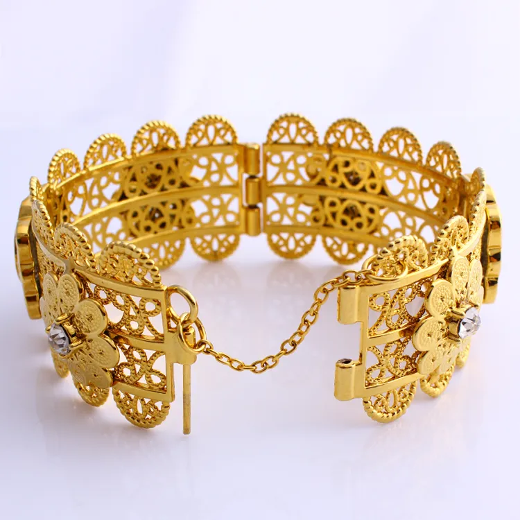 Роскошный женский большой широкий браслет CARVE THAI BAHT из 18-каратного цельного золота G F Золото Дубайский стиль Африканские ювелирные браслеты с фианитом Middle2423