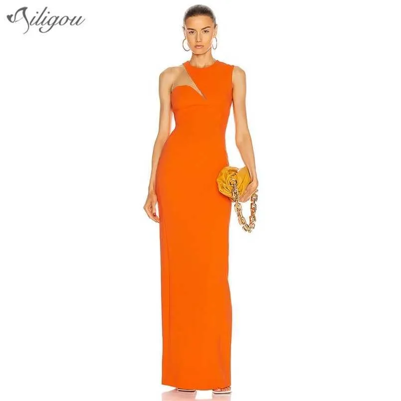 Sommer Mode Elegante Frau Verband Kleid Sexy Rundhals Ärmellose Strumpfhosen Orange Lange Promi Party 210525