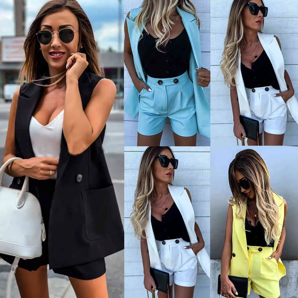 Escritório mulheres blazer vestuário conjunto 2 pcs feminino verão ol trabalho desgaste senhoras roupas set colete casaco blazer shorts terno d30 x0428