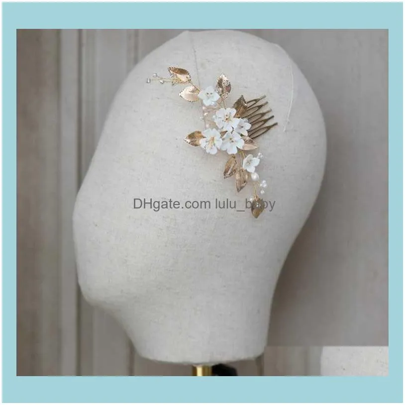 Delicate Porcelain Flower Small Comb Bridal Pins Piece Gold Leaf Wedding Headpiece Handmade Women Pearls Hair Jewelry