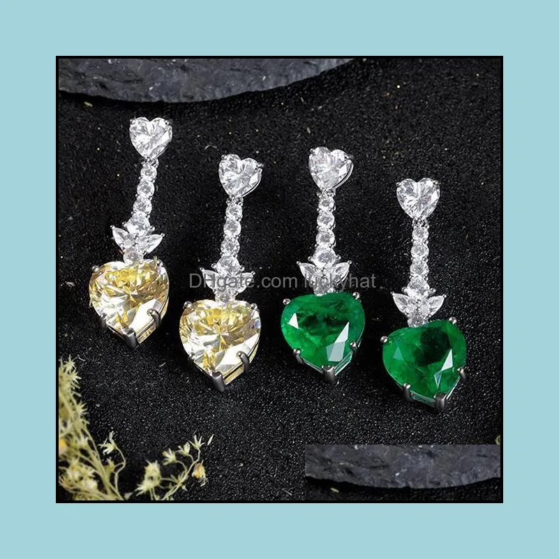 100% 925 sterling silver classic retro heart-shaped emerald yellow diamond earrings ladies engagement gift exquisite jewelry