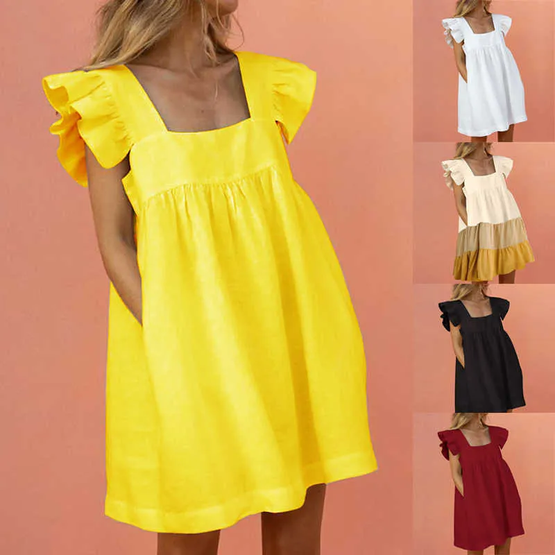 Kobiety Potargane Mini Drsummer Cute Square Collar Suknie Kieszonkowe Elegancki Motyl Rękaw Plaży Party Kobiet Sukienki Vestidos X0529