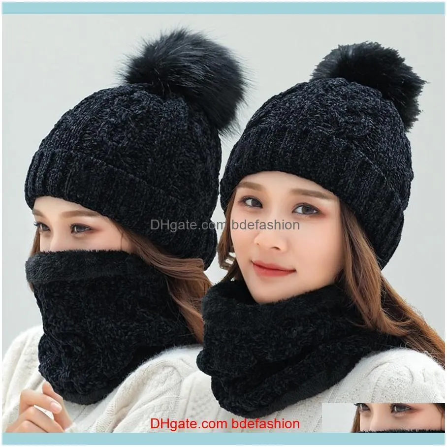 Woman Knit Hat Scarf Sets Winter Pom Pom Knitted Beanie Hats Woman Crochet Scarves Outdoor Warm Party Caps TTA1832
