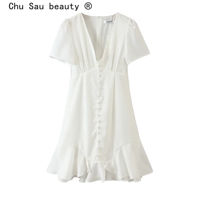 Beleza Casual Stretch Chiffon Mini Vestido Mulheres Sexy Profunda V-Neck Senhoras Verão Verão Manga Curta Single-Breasted ES 210514