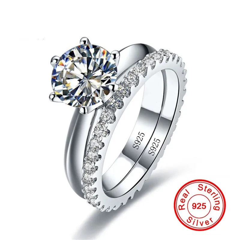 Solitaire 1CT Алмазные кольца Наборы Real 925 Стерлинговые Серебряные Украшения Обручальные Изделия Свадебные кольца для Женщин Свадебная партия Аксессуар