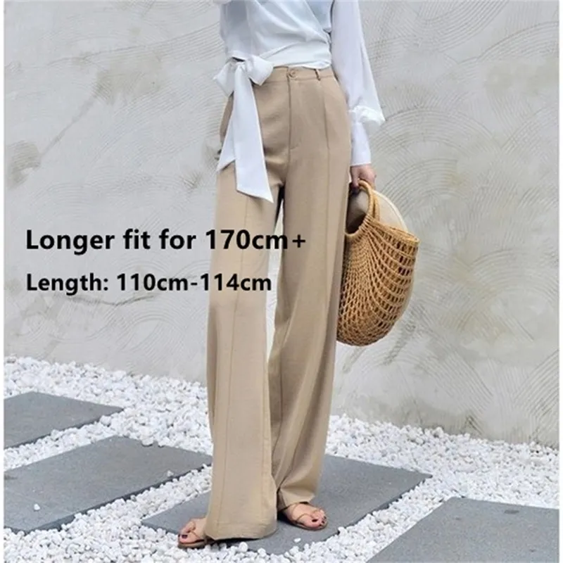 170-175cm Autumn Wide Leg Pant Elastic Waist Elegant Office Ladies Khaki Trousers Plus Length Purple Gray 220211