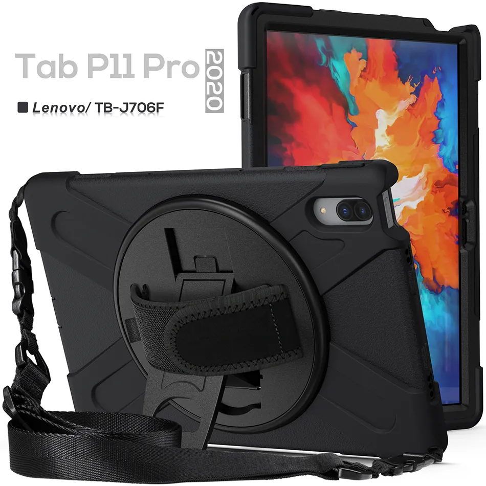 Heavy Duty Silicone Case with Shoulder Strap Rotatable Kickstand for Lenovo Tab P11 J606F Xiaoxin Pro 11.5 J706F Shockproof Cover