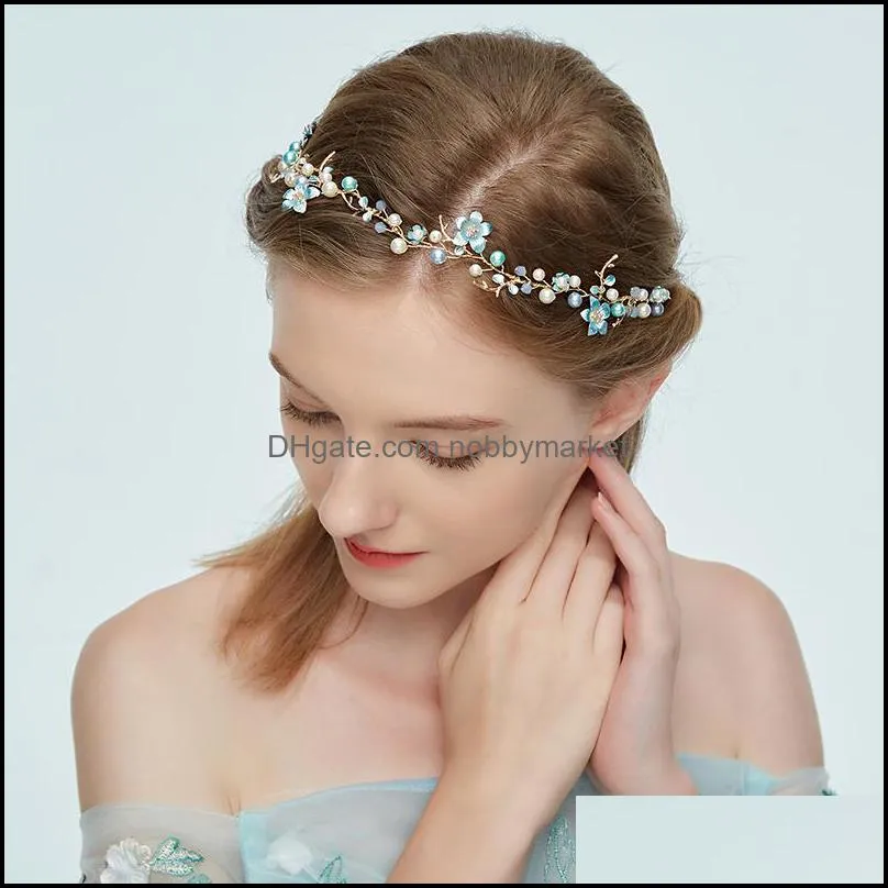 Dower Me Women Blue Flower Headband Wedding Hair Vine Pearl Bridal Hair Jewelry Accessories Handmade C19041101