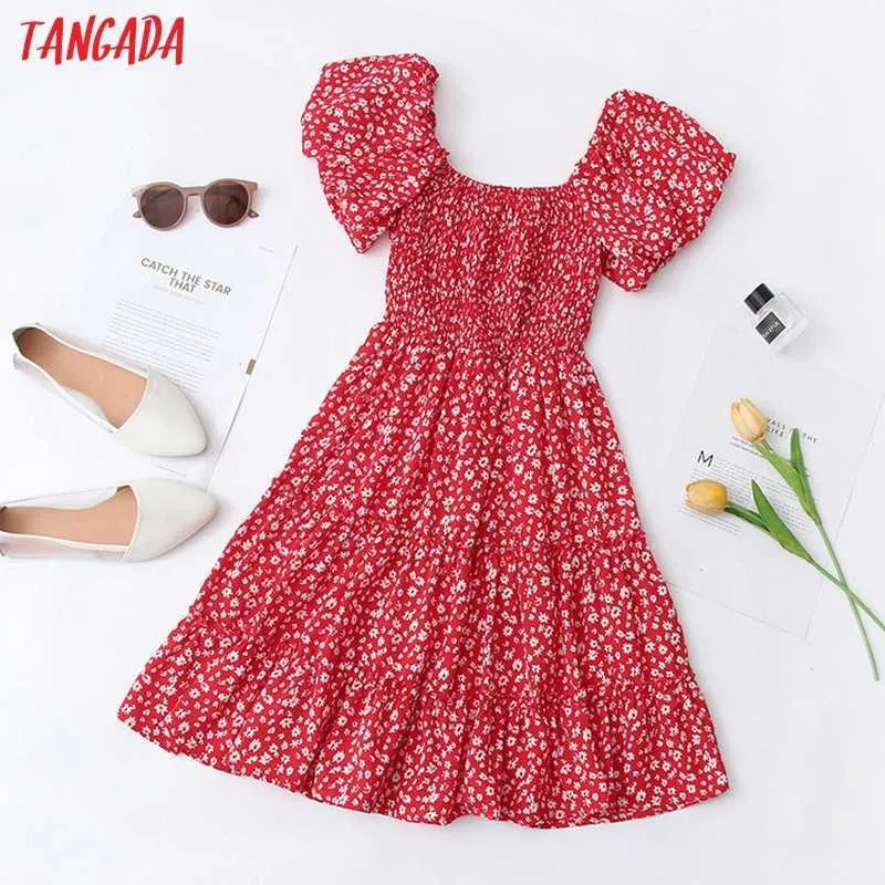 Tangada zomer vrouwen rode bloemen print zomerjurk bladerdeeg korte mouw dames sundress qw99 210609