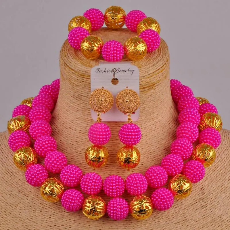 Örhängen Halsband Fuchsia Rosa Nigerian Bröllop African Beads Royal Blue Smycken Set för Kvinnor FZZ45