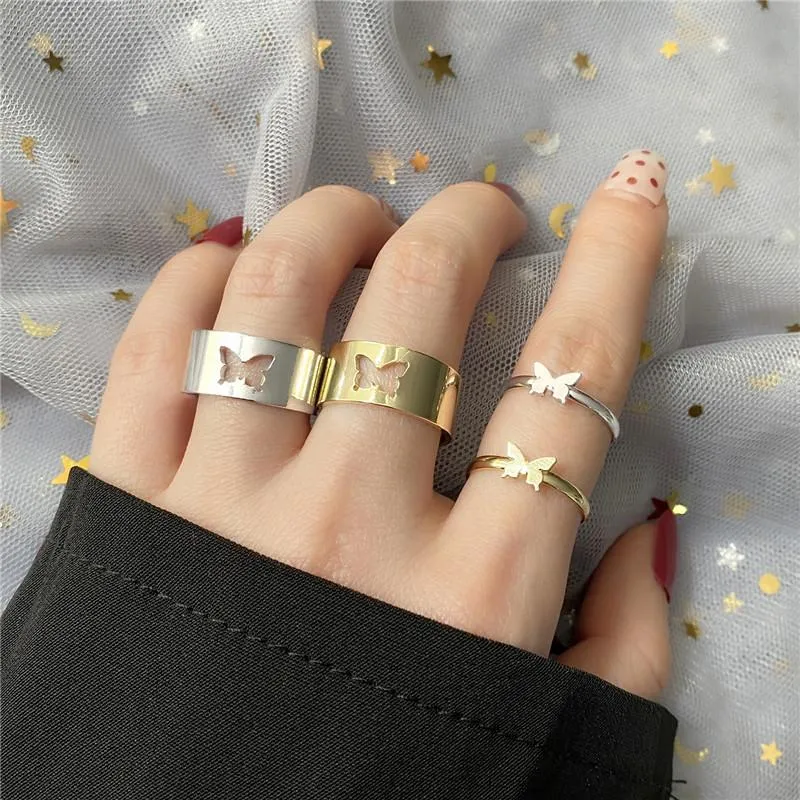 Wedding Rings Punk Hiphop Geometric Butterfly For Women Gold Silver Color Couple Ring Set 2021 Trendy Open Party Jewelry