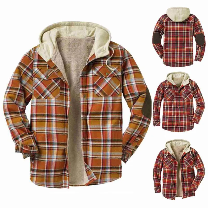 Men's Jackets Men Retro Vintage Spring Winter Long Sleeve Plaid Shirt Jacket For Checked Coat Overcoat Hooded Pocket