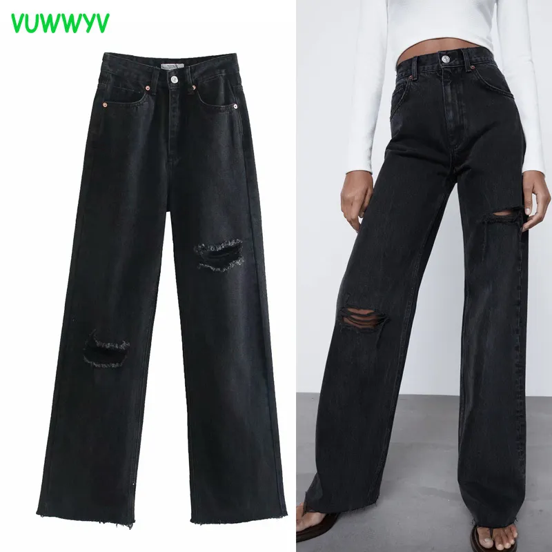 Black y2k cintura alta rasgada jeans para as mulheres forma rua rua larga mulher rua calças retas bolsos 210430