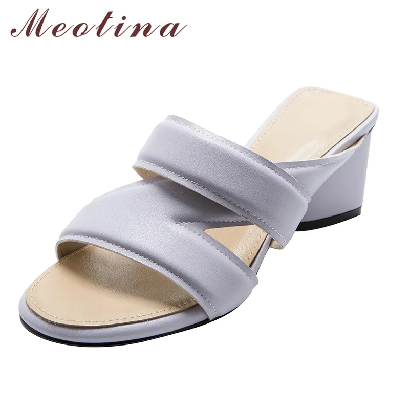 Meotina äkta läder tofflor Square Toe Thick Heel Sandaler Märkesdesign Mode Slides sommar damer skor lila 210520