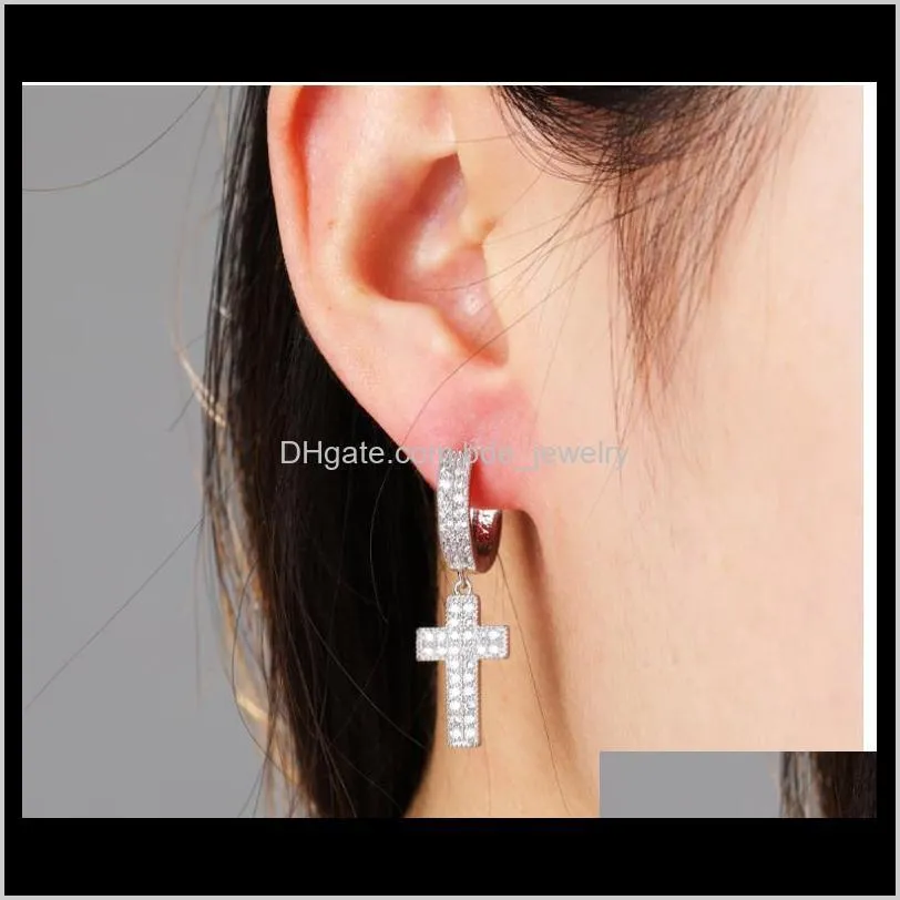 fashion designer cross eardrop 18k gold plated bling cross hoop earring mens womens hip hop earrings iced out diamond jewelry