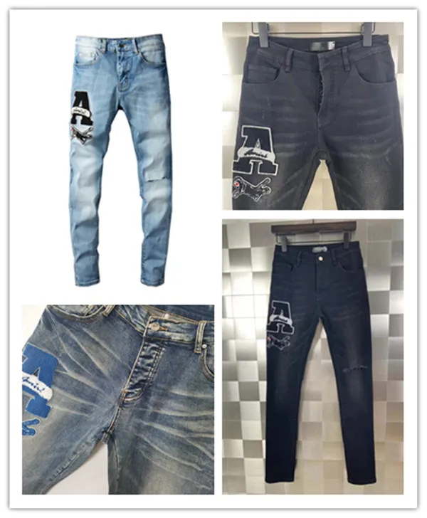 2022SS Ultimo Listin Luxurys Designe Jeans da uomo con strass Patch Medaglia Piega Moda Uomo Slim Motociclista Pantaloni Hip Hop Taglia superiore 28-40