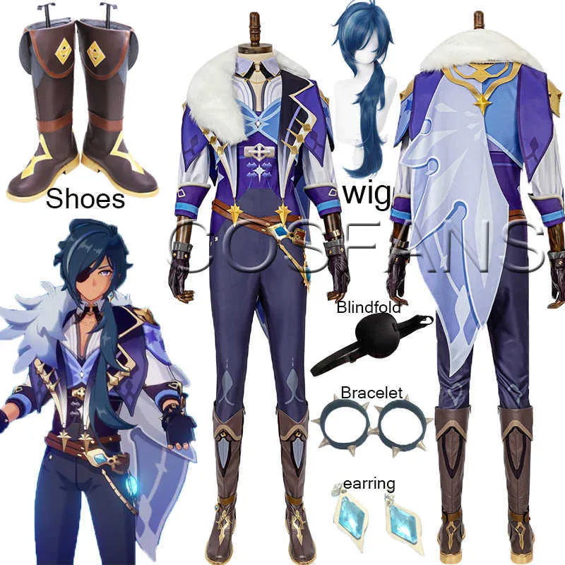 Game de anime Genshin Impact Kaeya Original Skin Battle Uniform Roupa linda roupa de cosplay trajes de halloween homens wig sapatos acessórios y0903