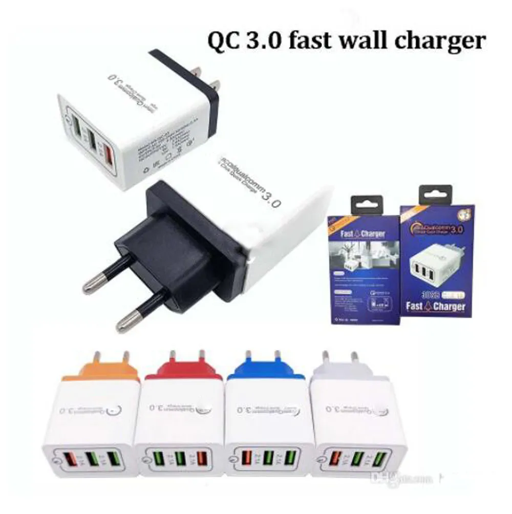 QC3.0 US EU three usb ports plug travel usb charger 30W fast quick charger 12v 9V power adapters For xiaomi huawei p30 S10 NOTE 9