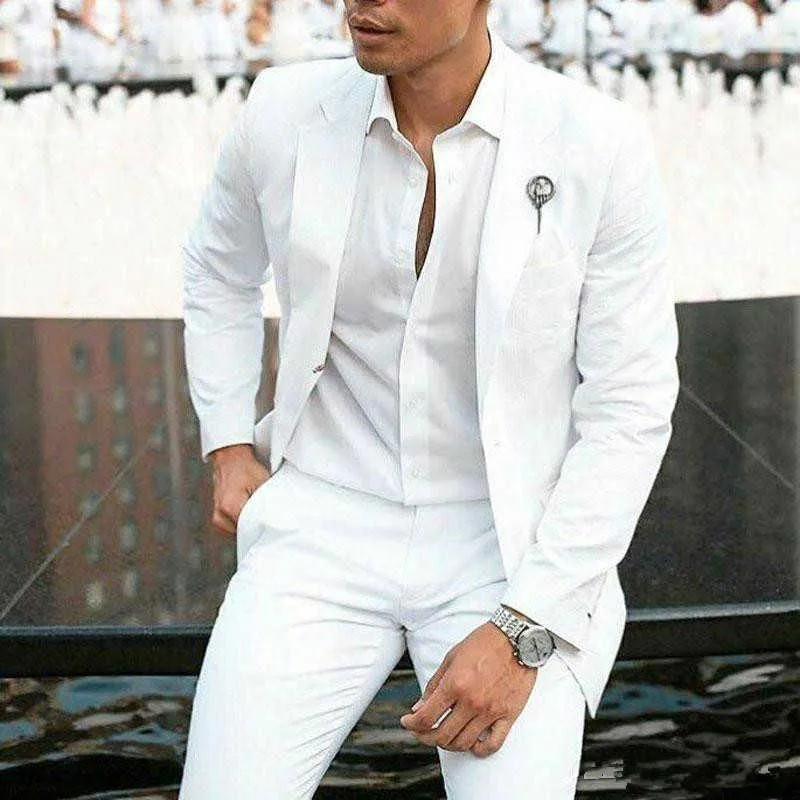 2020 Summer Beach Branco Noivo de Linho Smoking Tuxedos Fatos de Casamento para Casamento 2Piece Homens Blazers Slim Fit Traje Homme (Casaco + Calças) X0909