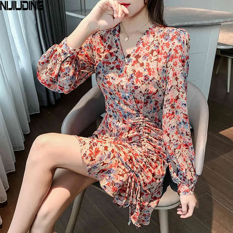 Floral Printed Women Chiffon Dresses Spring Long Sleeve V-Neck Lace Up Pleated Ruffle Sexy Short Mini Dress Mujer Vestidos 210514