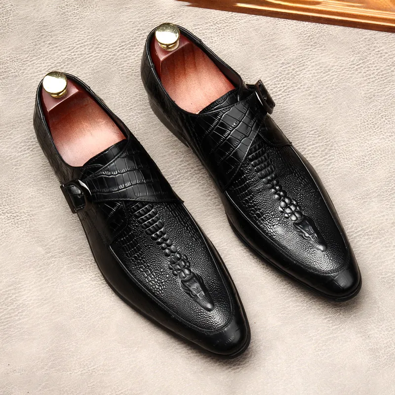 Monk Strap Men Couro Genuíno Sapatos Festivos 2021 Fivela Wingtip Mens Oxford Shoes Wedding Business Business Black Formal Shoes For Men