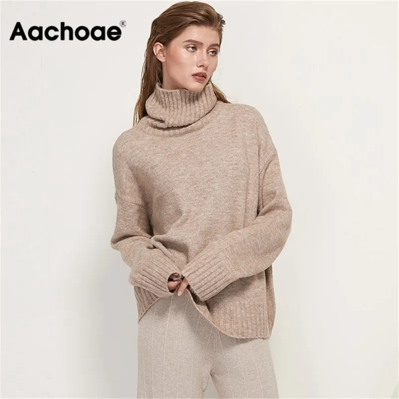 AACHOAE Otoño Invierno Mujeres Punto Turtimeneck Cashmere Suéter Casual Básico Jersey Jersey Batwing Manga Larga Flojo Tops 210810