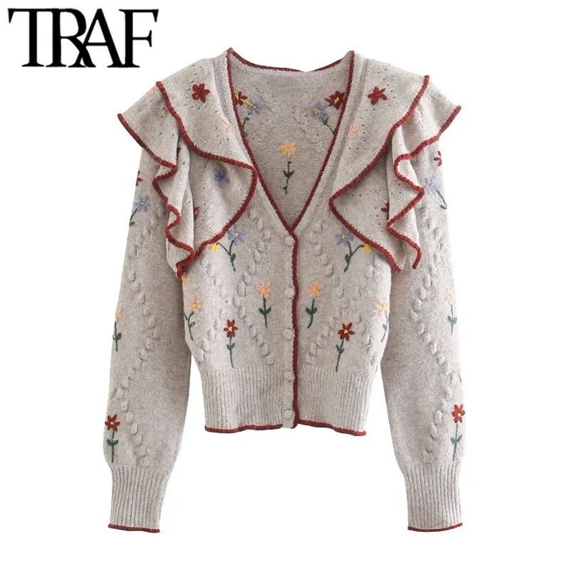 Damesmode Bloemen Borduurwerk Gepareerd Gebreide Cardigan Sweater Vintage Lange Mouw Vrouwelijke Bovenkleding Chic Tops 210507