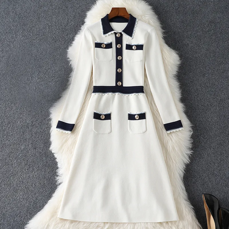 2021 Fall Autumn Long Sleeve Lapel Neck White Contrast Color Knitted Panelled Pockets Single-Breasted Dress Elegant Casual Dresses 21G318B393