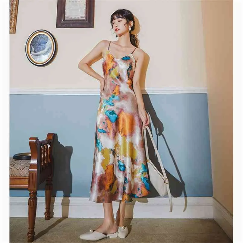 S-XL Romantiska stjärniga element målade tryckt fransk klänning suspender temperament sommar lång maxi a-line vestidos 210601