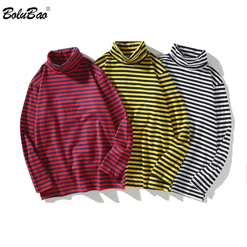 Bolubao Män Striped Långärmad T-shirt Men Mode Wild Turtleneck Tee Trendy Brand Harajuku Retro Casual T Shirts Man 210518