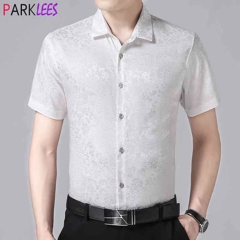 Beyaz Ipek Saten Gömlek Erkekler Moda Çiçek Jakarlı Erkek Elbise Gömlek Casual Shrot Kollu Erkek Sosyal Gömlek Camisa Masculina 210522