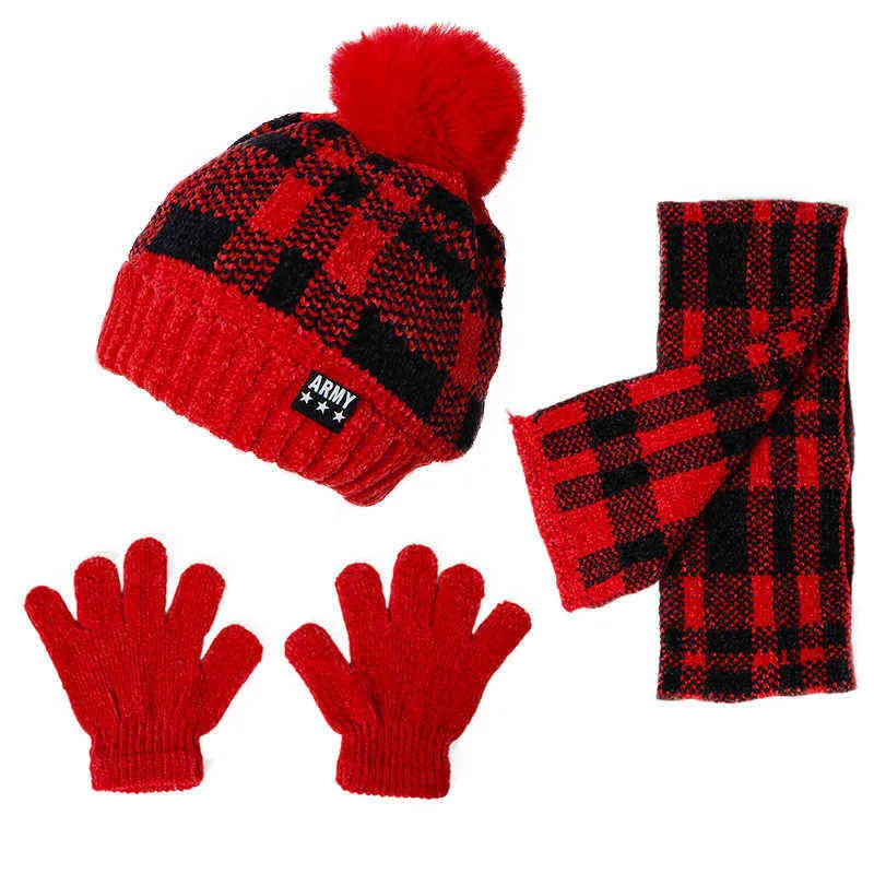 3pcs set barn tjejer pojkar scarf hat handske kostym söt toddler vinter varm unisex plaid neckerchief + pompom stickade lock + handskar