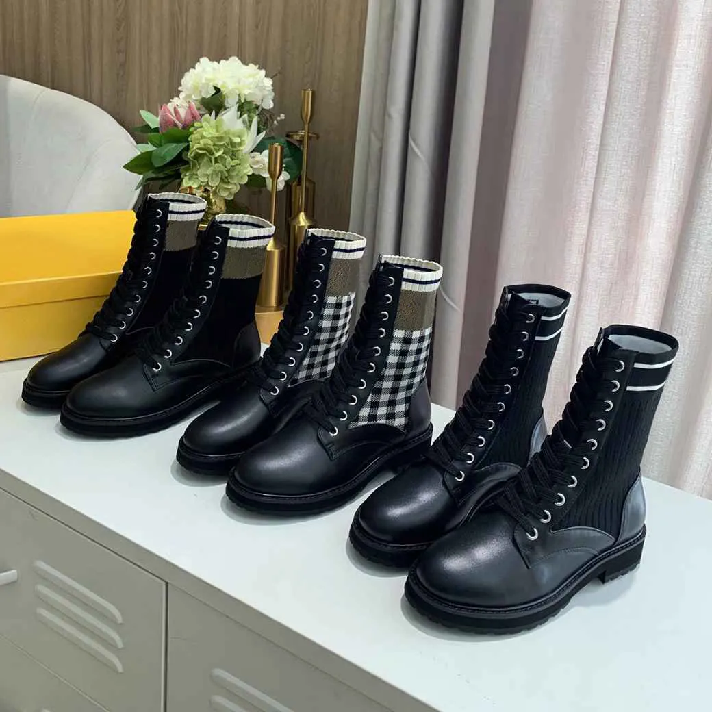 2023 Designer Rockoko Boots Women enkel laarsjes Martin Boot Biker Gebreide rekstofschoenen Winterplatform Schoen Fashion lederen laarsjes met doos