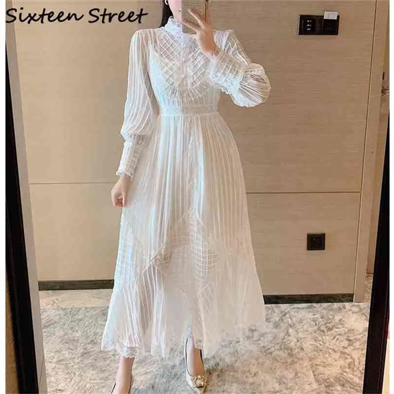 Beyaz Dantel Dikiş Şerit Elbise Kadın O-Boyun Uzun Kollu Bahar Ve Sonbahar Zarif Vintage Parti Vestidos Kadın 210603