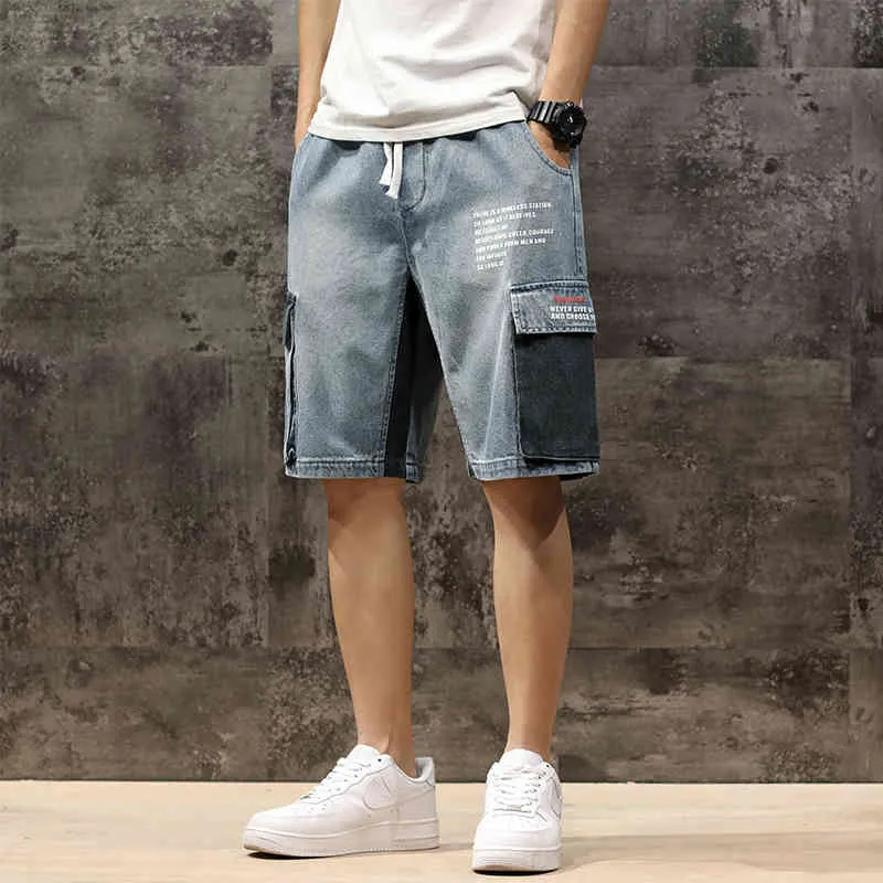 Heren Denim Shorts Streetwear Elastische Taille Broek Bermuda Mannelijke Big Pocket Casual Halve Jean Summer Fashion Cargo