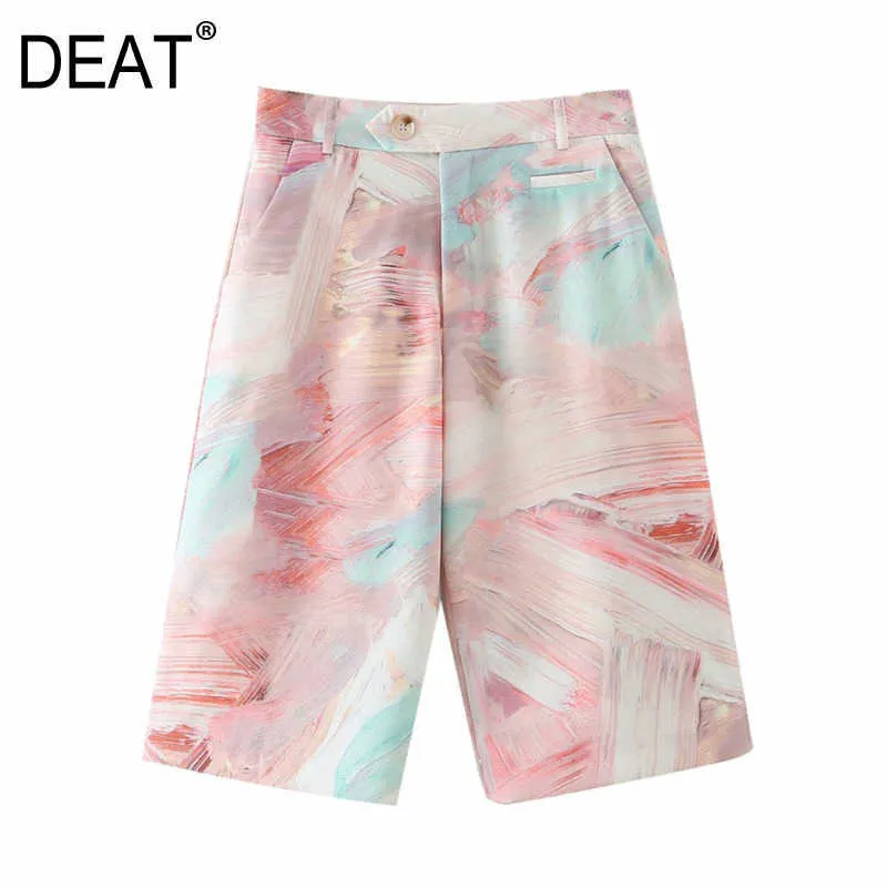 [DEAT] Women Tie Dye High Waist Pockets Temperament Elegant Shorts Loose Female Short Pants Fashion 13C363 210527