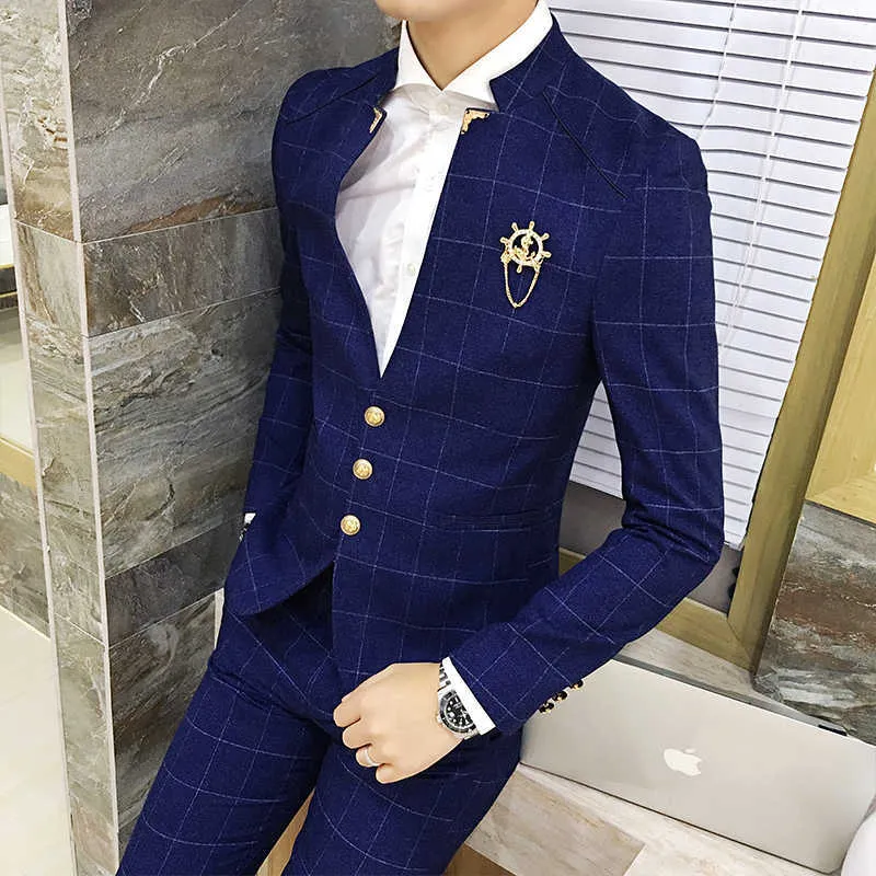 2021 klassische Männer Plaid Anzüge Slim Fit Männer Blazer Jacke und Hosen Herren Hochzeit Anzüge Hohe Qualität Business Anzug Smart casual X0909
