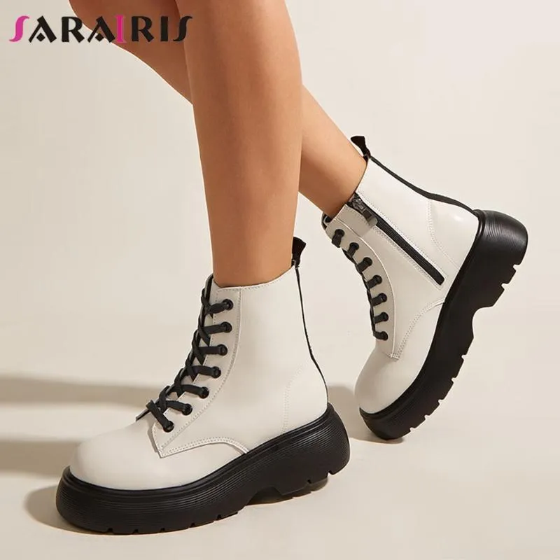 Boots SARAIRIS Fashion Platform Ankle Women Chunky Heels Shoelace Zip Ladies Short Motorcycle Street Casual Shoes