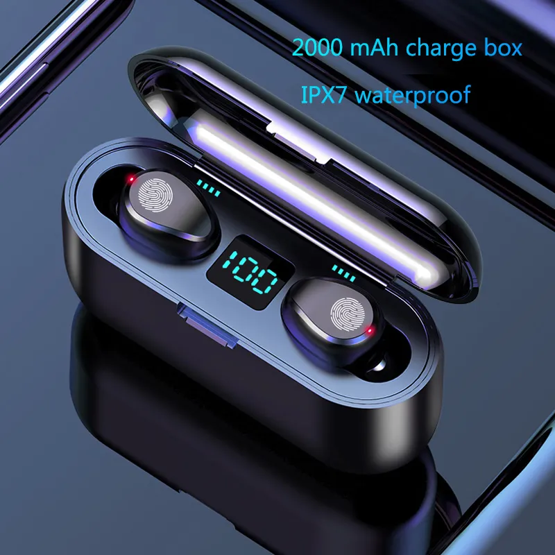Gerçek Kablosuz Kulaklık Bluetooth V5.0 F9 TWS Kulaklık Gürültü Iptal Touch Earbuds Otomatik Eşleştirme LED Ekran 2000mah Güç Bankası Mikrofon