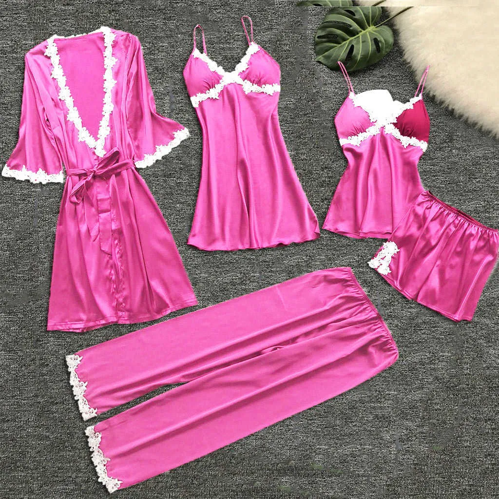 5 SZTUK SET SET Pijamas Zestaw Satin Pyjamamas Sexy Solid Color Nightwear Home Wear Nighty Robe Suit Bielizna Nightie Q0706