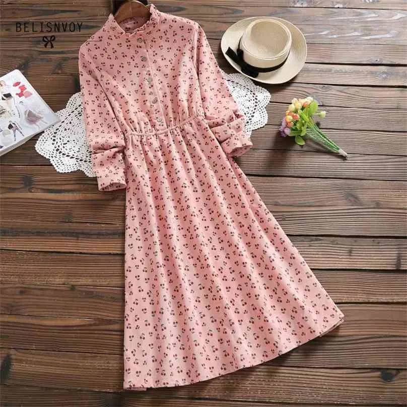 Mori Girl Spring Autumn Women Sweet Dress Ruffled Cherry Printed Pink Femininos Vestidos Långärmad Corduroy Eleganta Klänningar 210520