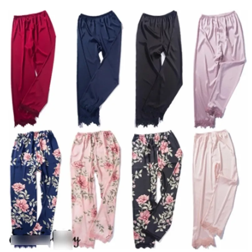 Women Sleep Bottoms Silk Satin Pajamas Sleepwear Nightwear Loungewear Homewear Ankle-Length Floral Print Trousers Ladies Clothes 210522