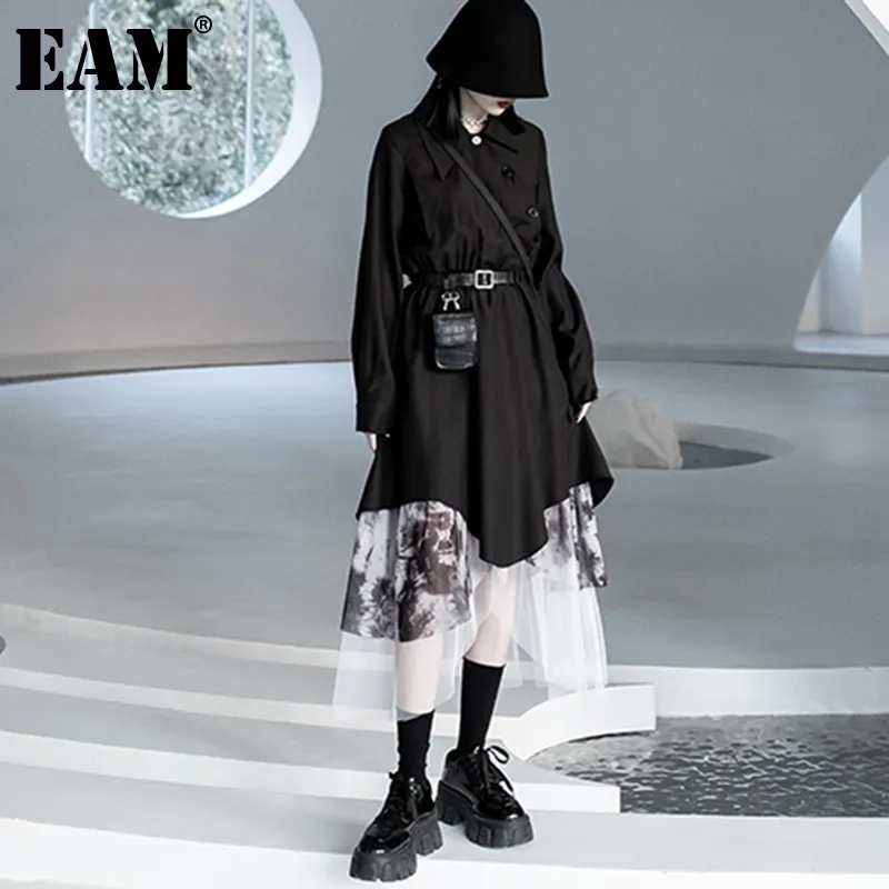 [EAM]女性黒の非対称メッシュビッグサイズのドレスラペル長袖ルーズフィットファッション春秋1DD5956 210512