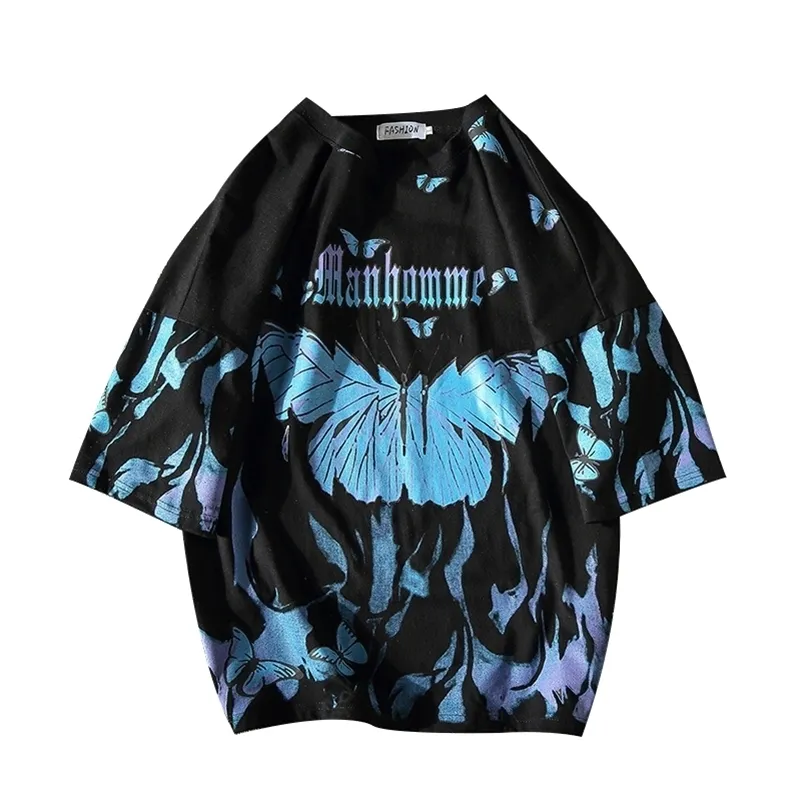 Flame Butterfly T-shirt Hommes Street Fashion Summer O-Neck Hommes T-shirt Hip Hop Harajuku Tee Shirts Loose 100% Coton Couple Tops 210324