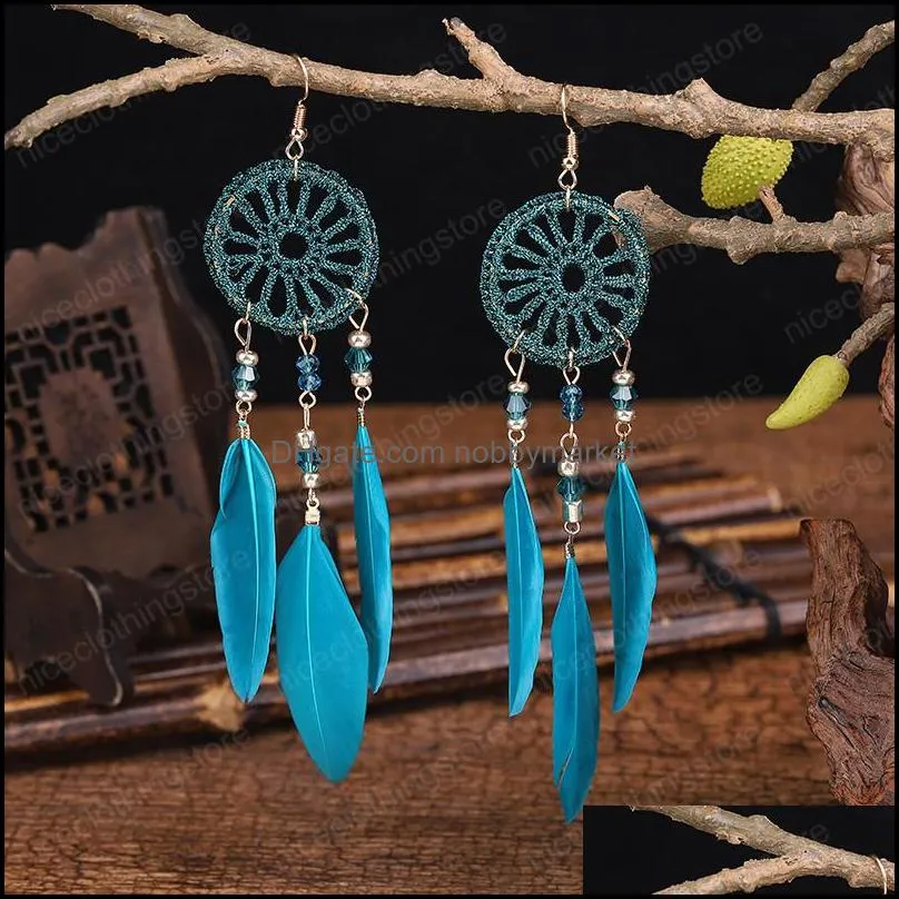 Bohemia Women`s Crystal Red Feather Tassel Earring 2021 Summer Indian Jewelry Tibetan Dream Catcher Dangle Wedding Earrings