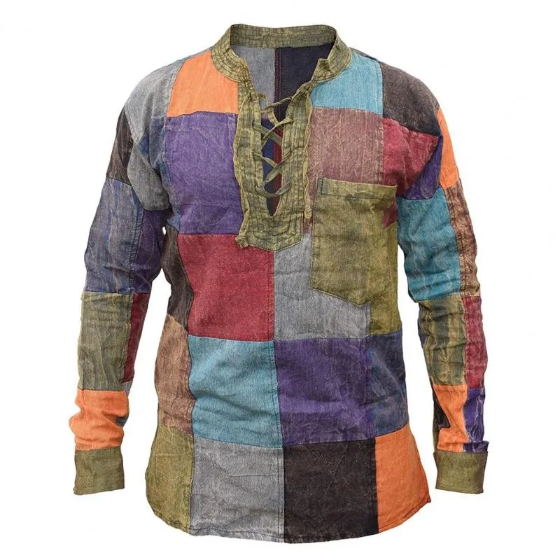 Mens T Shirts Men Shirt Patchwork Lace Up Vintage Colorful Long